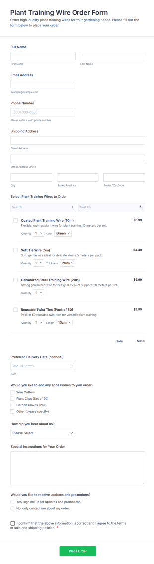 Plant Training Wire Order Form Template