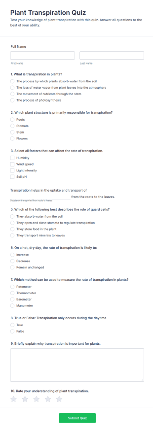 Plant Transpiration Quiz Form Template