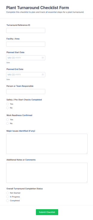 Plant Turnaround Checklist Form Template