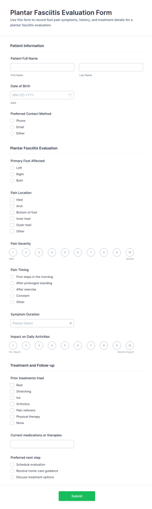 Plantar Fasciitis Evaluation Form Template