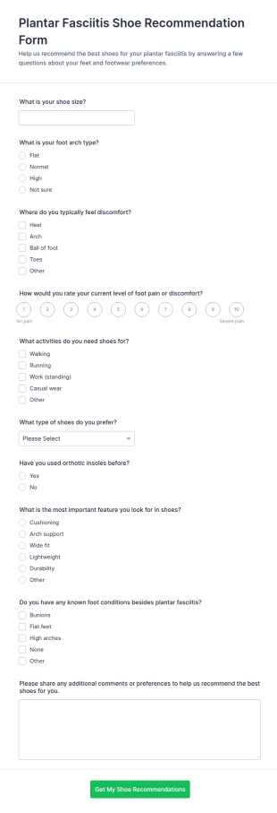 Plantar Fasciitis Shoe Recommendation Form Template