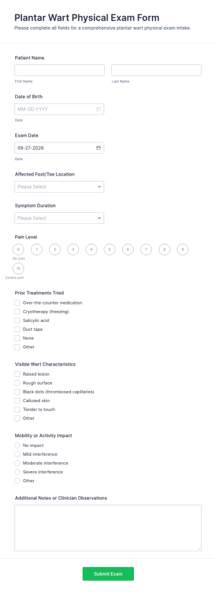 Plantar Wart Physical Exam Form Template