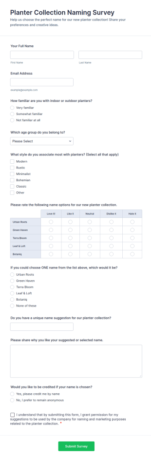 Planter Collection Naming Survey Form Template