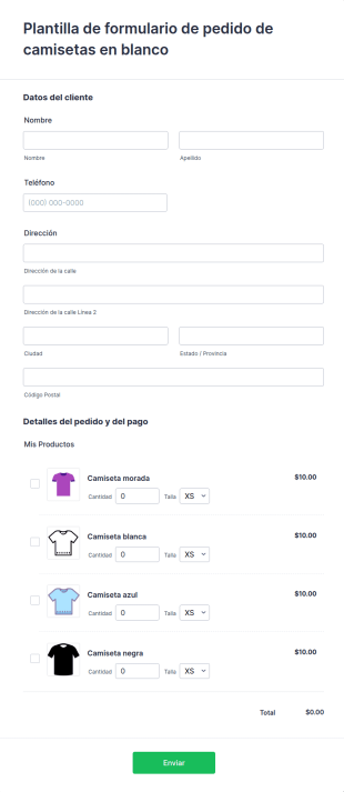 Plantilla De Formulario De Pedido De Camisetas