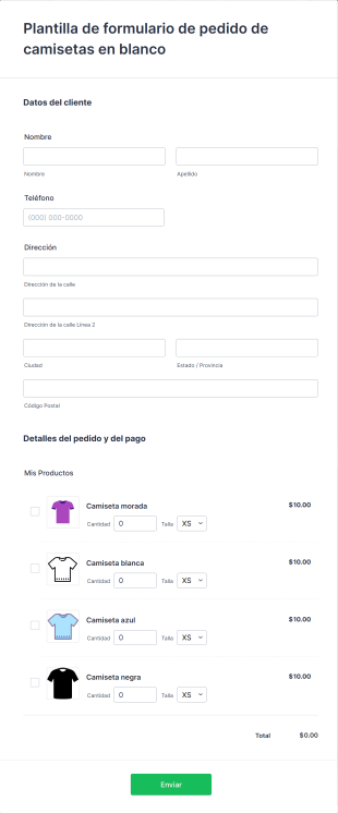 Plantilla De Formulario De Pedido De Camisetas