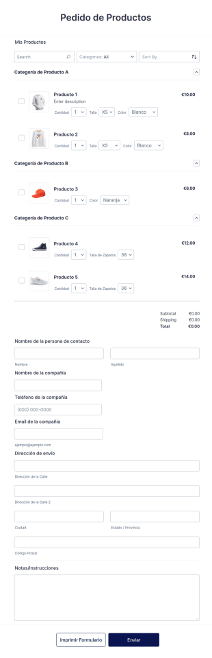 Plantilla De Pedido De Productos