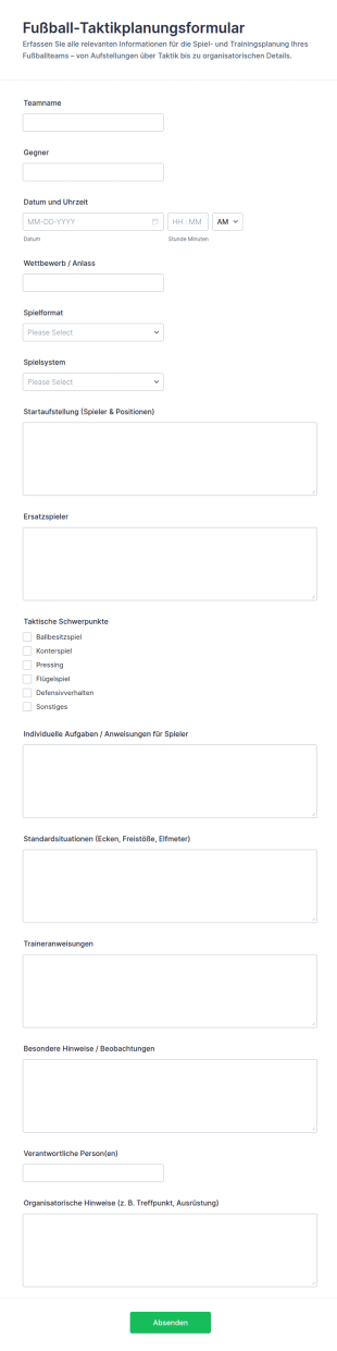Planungsformular Für Fußball Taktiken