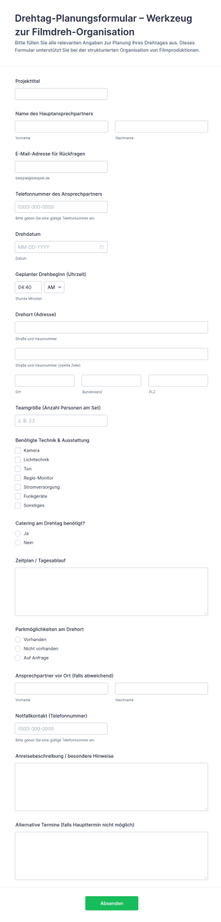 Planungstag Für Dreharbeiten Form
