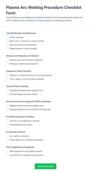 Plasma Arc Welding Procedure Checklist Form Template