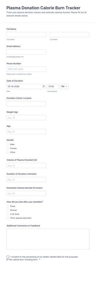 Plasma Donation Calorie Burn Tracker Form Template