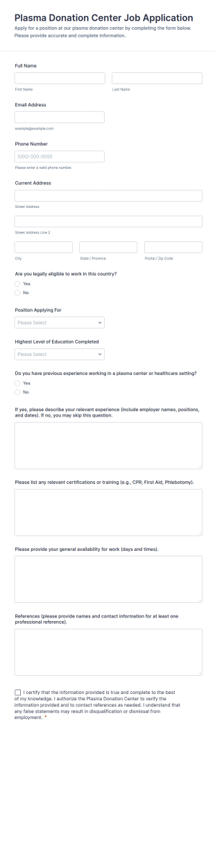 Plasma Donation Center Job Application Form Template
