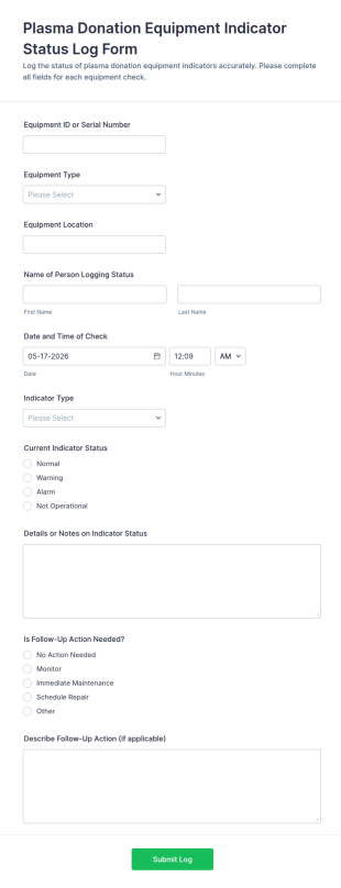 Plasma Donation Equipment Indicator Status Log Form Template