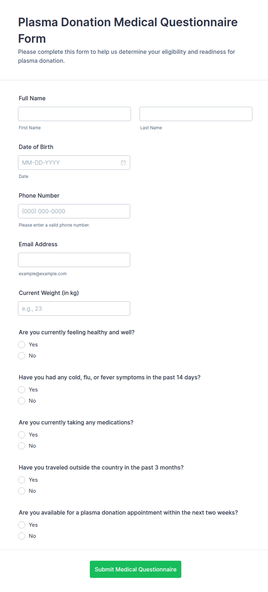 Plasma Donation Medical Questionnaire Form Template | Jotform