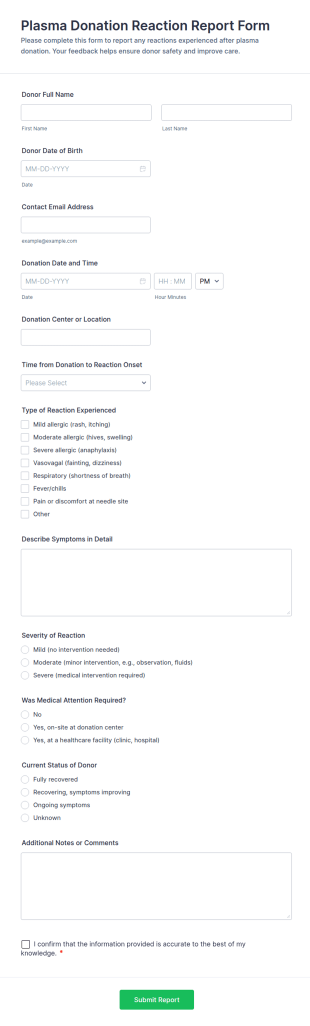 Plasma Donation Reaction Report Form Template