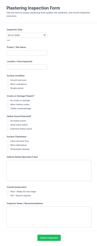 Plastering Inspection Form Template
