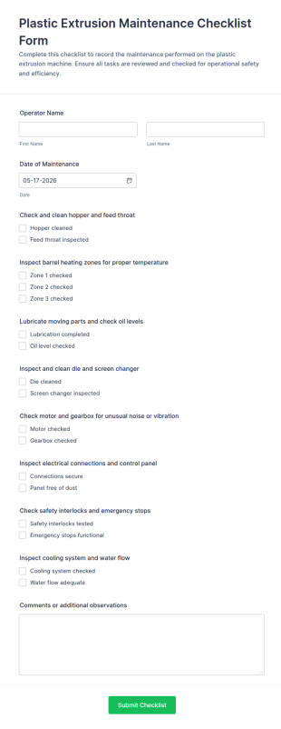 Plastic Extrusion Maintenance Checklist Form Template