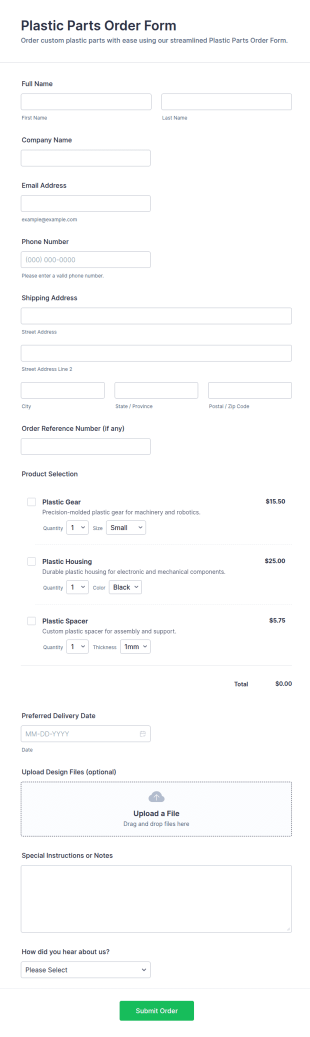 Plastic Parts Order Form Template