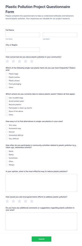 Plastic Pollution Project Questionnaire Form Template