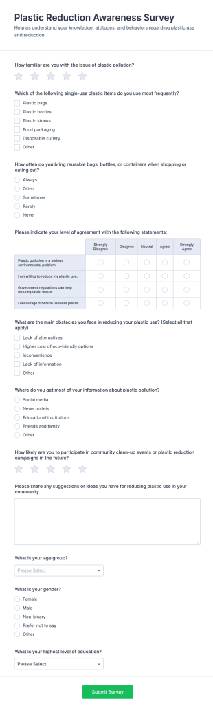 Plastic Reduction Awareness Survey Form Template