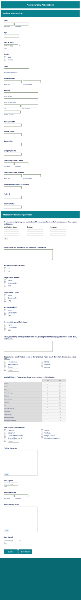Plastic Surgery Patient Form Template