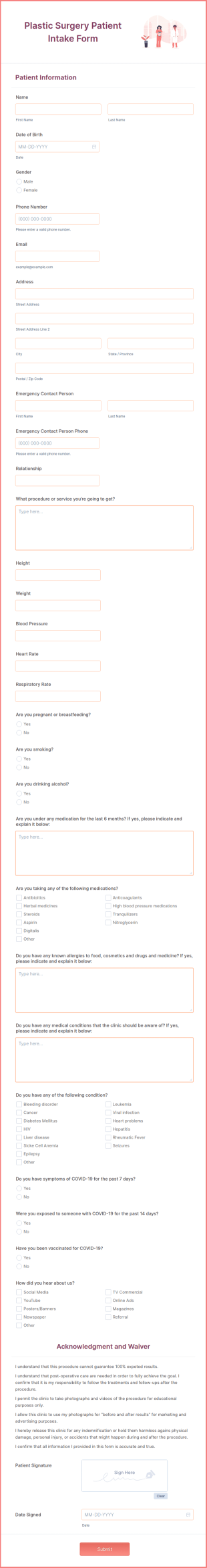 Plastic Surgery Patient Intake Form Template