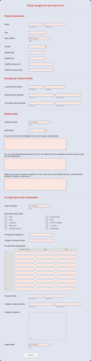 Plastic Surgery Pre Op Order Form Template