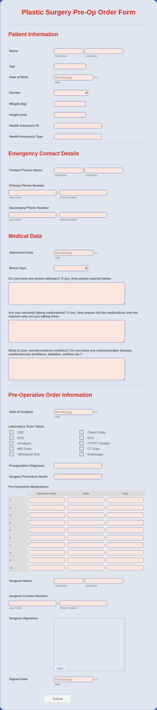 Plastic Surgery Pre Op Order Form Template