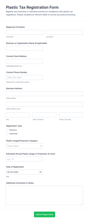 Plastic Tax Registration Form Template