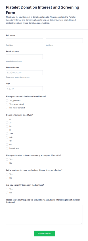 Platelet Donation Interest And Screening Form Template
