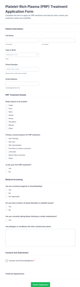 Platelet Rich Plasma Treatment Application Form Template