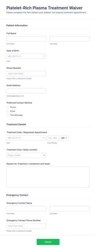 Platelet Rich Plasma Treatment Waiver Form Template