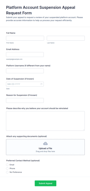Platform Account Suspension Appeal Request Form Template