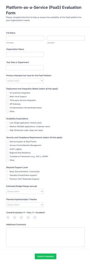 Platform As A Service (PaaS) Evaluation Form Template