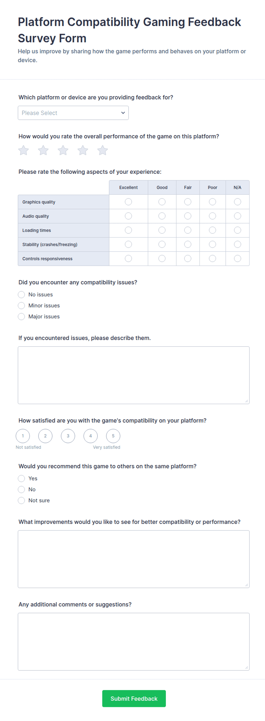 Platform Compatibility Gaming Feedback Survey Form Template | Jotform