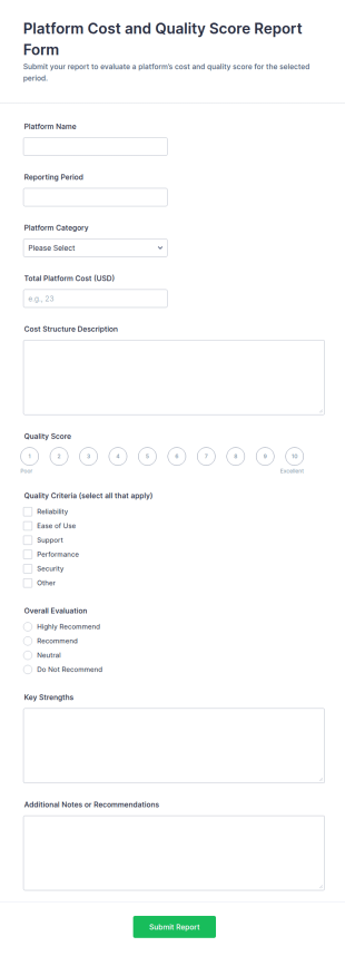 Platform Cost And Quality Score Report Form Template