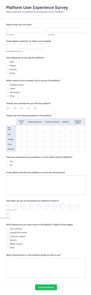 Platform User Experience Survey Form Template