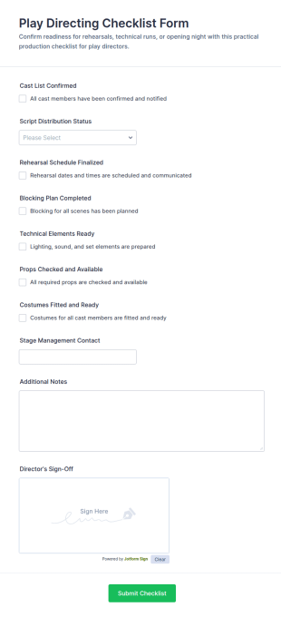Play Directing Checklist Form Template