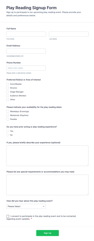 Play Reading Signup Form Template