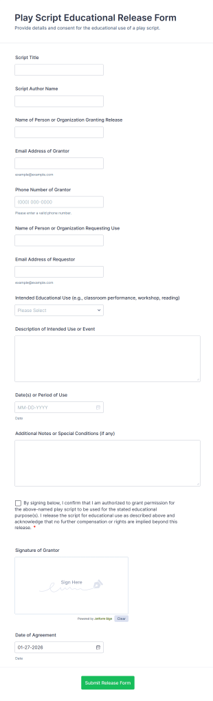 Play Script Educational Release Form Template
