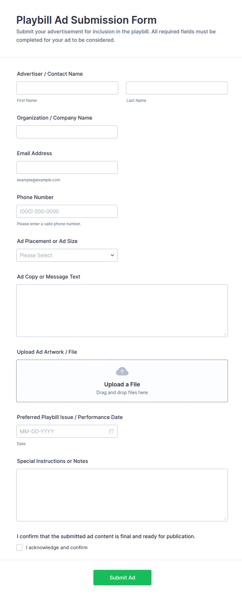 Playbill Ad Submission Form Template | Jotform