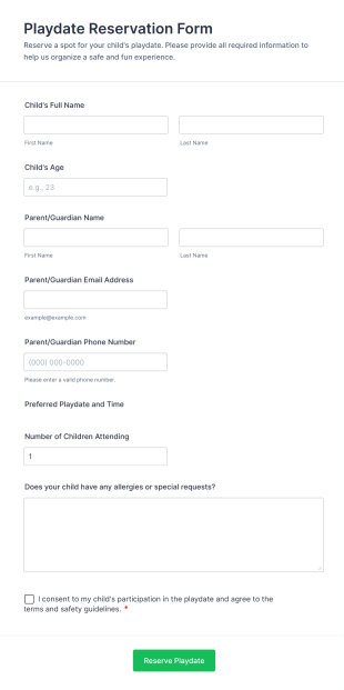 Playdate Reservation Form Template