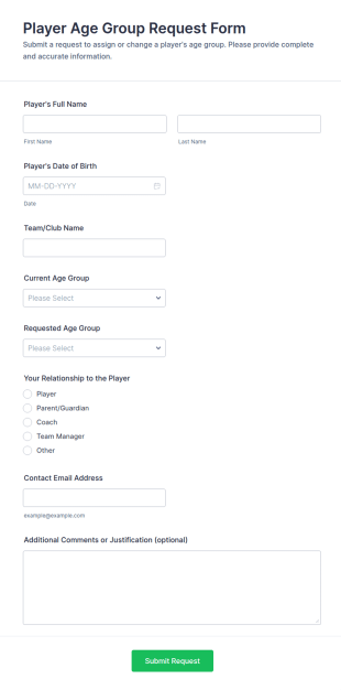 Player Age Group Request Form Template