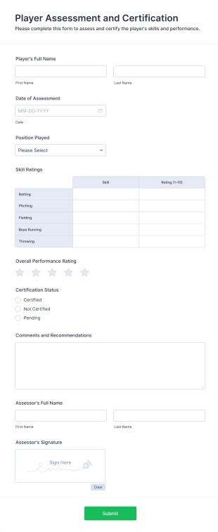 Player Assessment And Certification Form Form Template