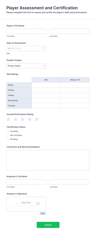 Player Assessment And Certification Form Template