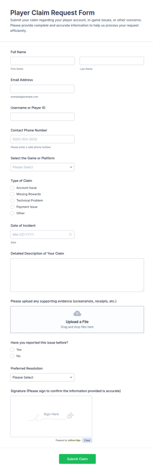 Player Claim Request Form Template