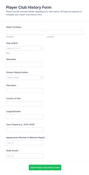 Player Club History Form Template