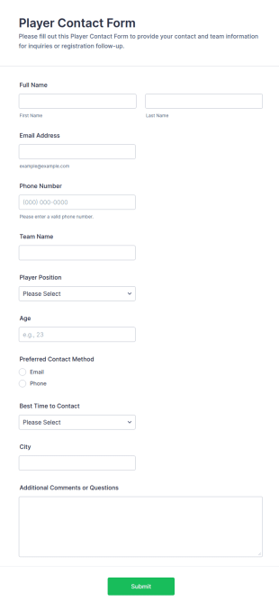 Player Contact Form Template