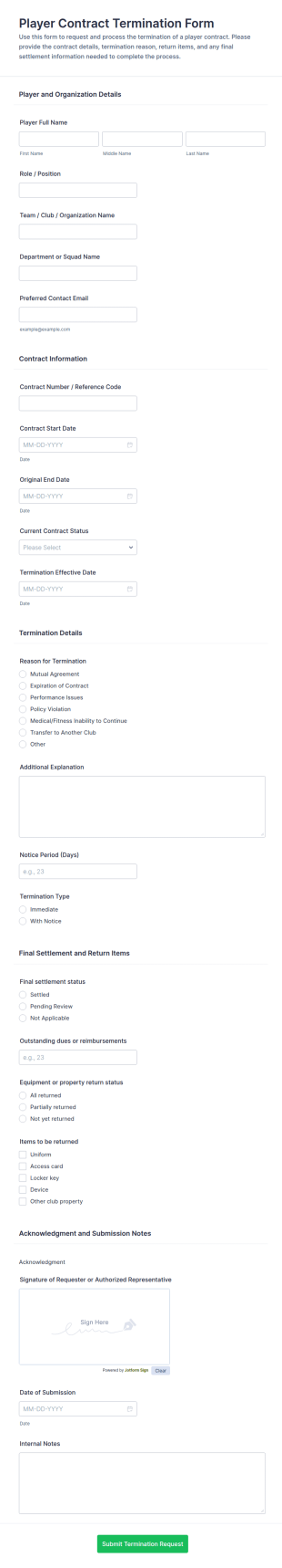 Player Contract Termination Form Template