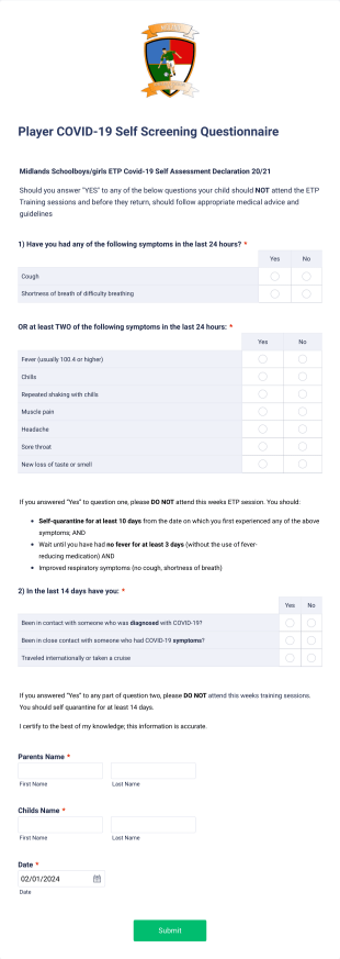 Player COVID 19 Self Screening Questionnaire Form Template