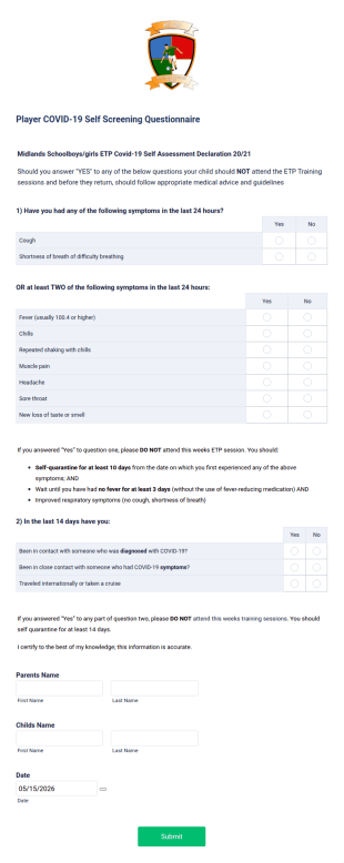 Player COVID 19 Self Screening Questionnaire Form Template
